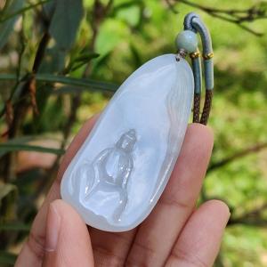 Crafted as the faceless buddha Semi Icy Natural Type A Jadeite Pendant Necklace with certificate weigh 14.03 grams 58 * 26 * 4.9 mm suitable for daily wear