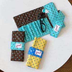 BLACKON Vải canvas Túi đựng cọ trang điểm chấm bi Di động Có thể gấp lại. Giá đựng dụng cụ trang điểm dạng cuộn Dễ thương 10 khe cắm Túi đựng bút đa năng Phụ nữ
