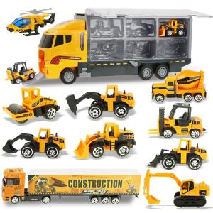 11 in 1 Die-cast Construction Engineering Truck Vehicle Car Toys Set in Carrier Birthday Gifts for Boys Kids Over 3 Years Old