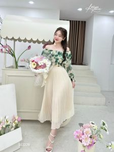 Set chân váy xòe dài dập ly vải voan có lót kèm áo bèo 3 tầng trễ vai mocking thân và tay áo 2 màu y hình voan cao cấp đi biển dạo phố T1641