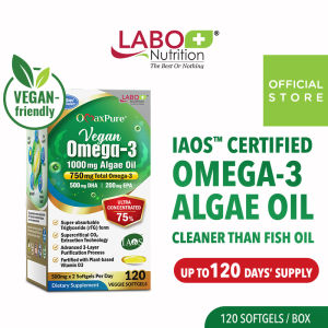 LABO Nutrition OmaxPure Vegan Omega 3 - 1000mg Algae Oil Plant-based Omega3 DHA EPA - Odourless Fish Oil Alternative for Heart Brain Eye Joint Health Support Lipid Profile • Supplement for Vegetarians • Made in Japan • 120 veggie softgels