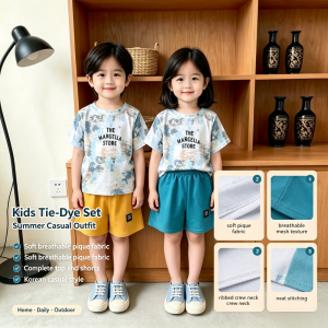 AILEBE Kids Sets Tie-Dye Letter Print Short Sleeve Top Shorts Set Soft Breathable Pique Fabric Summer Korean Style Wear Complete Matching Casual Outfit Pambahay OOTD For Baby Boys Girls 0-5 Years