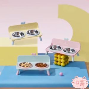 【SG】High-legged double-layer stainless steel pet bowl set leak-proof and non-slip suitable for small dogs and cats