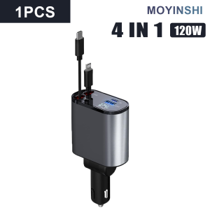 4 In 1 Car Fast Charger 120W high quality socket outlet Multiple cable splitter with Voltmeter Type C for Cellphone Iphone 4 USB Port Charger 180° Rotation Retractable Universal Car Accessories