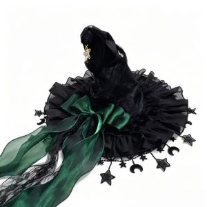 SHEBE668 Lace Halloween Hat Star and Moon Pendant Bow Ribbon Wizard Cap Funny Bat Pendant Masquerade Cap Halloween Party