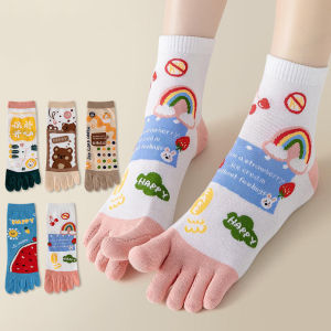 3 Pairs Cute Five Socks with Fingers Cartoon Women Toe Socks Cotton Mid Tube Bear Flower Socks with Separate Finger
