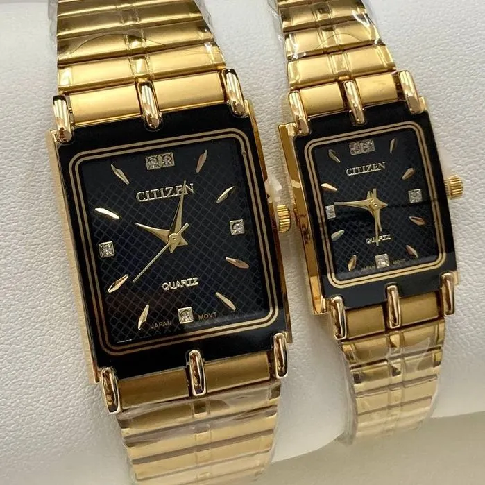 CITIZEN WATCHES COUPLES SET BLACK DIAL GOLD BRACELET Lazada