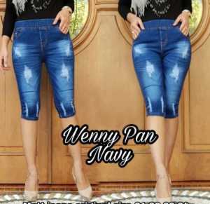 Celana jeans pendek wanita jeans sobek 7/8 legging pinggang karet kolor rip