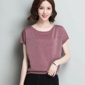 40-90kg Loose Summer Batwing Sleeve Shiny knitted short sleeve solid color T-shirt Female