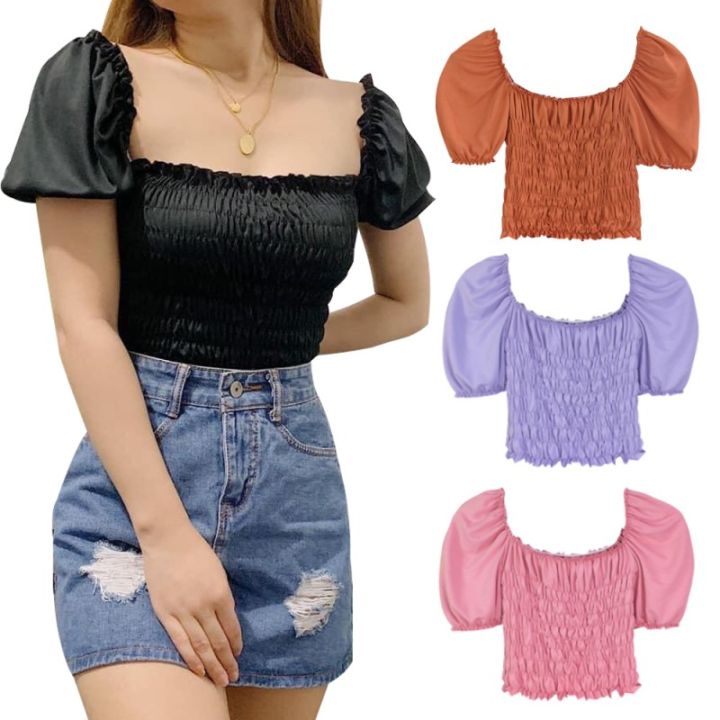 Smocked puff sleeve crop top hot sale