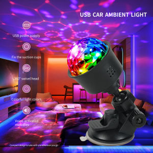USB Car Ambient Light with Suction Cups 360° Swivel Head Colorful Light and Voice-activated Melodies Disco Light