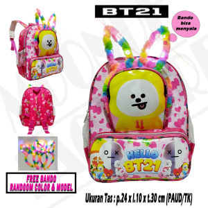 Tas Ransel Mini anak Perempuan Sekolah PAUD/TK karakter BT21 free Bando Lampu // Tas anak perempuan ngaji karakter BT21 TERBARU !!!