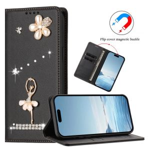Bling 3D Rhinestone Ballerina Pearl Flower PU Leather Flip Wallet Phone Case For iPhone 18 Pro Max 17 Air 16 Plus 15 14 13 Multi Card Slots Kickstand Shockproof Protective Cover For Women Girls