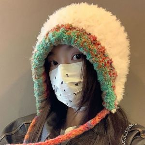 GENENIC New Design Y2k Drawstring Hat Hand-crocheted Plush Knitted Crossbody Bag-hat Winter Thermal Ear Pullover Beanie Hat Girls