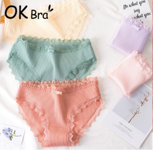 OK Bra ผู้หญิงกางเกงผ้าฝ้ายลูกไม้ยืดน่ารักสไตล์เกิร์ลลี่ปลอดภัยต่อสุขภาพต้านเชื้อแบคทีเรียกลางเอวกางเกง