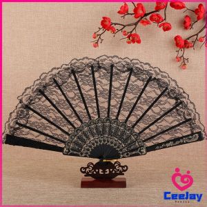 CeeJay พัดจีนพัดสไตล์วินเทจ สง่างามและคลาสสิก พัดผ้าลูกโปร่ง Lace Folding fan
