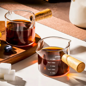 75ML Espresso Glass Cup Wooden Handle Measuring Cup Milk Latte Jug Coffee Supplies Kitchen Mug COD