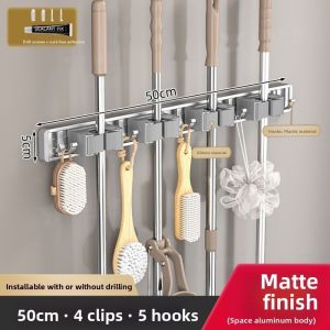 HJKL 5/6 ตะขอ ที่แขวนไม้ถูพื้นติดผนัง ติดด้วยตัวเอง ตำแหน่ง 4/5 ชั้นวางอุปกรณ์แขวน ไม่มีรู หลายฟังก์ชัน คลิปยึดไม้ถูพื้น โรงรถ