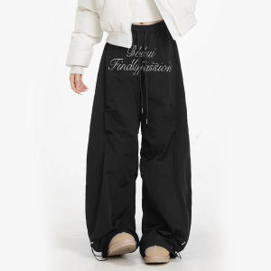 [Quick-drying fabric letter print trousers]กางเกงขากว้างเอวสูงแบบผูกเชือกพิมพ์ลายตัวอักษรผ้าแห้งเร็วลำลองสำหรับฤดูร้อน