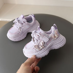 SHUNAICHI  Girls Spring Sports Shoes with Butterfly Childrens Fall Mesh Breathable Sneakers for Kids Student Pink Purple Walk Shoes I02233