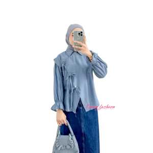 Almara Blouse Wanita Polo Linen Kemeja Full Kancing Tali Pita Otdd Lengan Panjang Busui