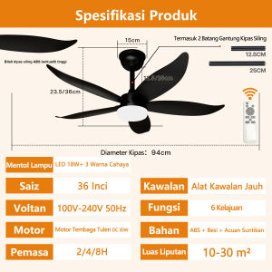 36 42 Inch Black Ceiling Fan 5 ABS Blades DC Motor 18W 3 Color LED Light 6 Speed Remote Quiet Reversible