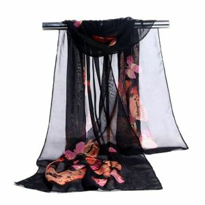 BUENOO Women Fashion Soft Wrap Shawl Silk Butterfly Long Chiffon Scarf Flower Print