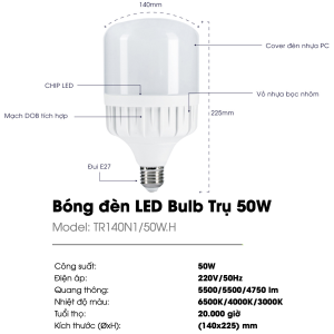 (Rạng Đông) Bóng đèn Led Bulb trụ 10W 12W 14W 20W 30W 40W 50W Ánh sáng Trắng 6500K Vàng 3000K