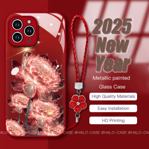 Case for iPhone 16 Pro Max 16Plus 15ProMax 14 13Pro 12ProMax 11 Glass Back Soft Frame Casing With Hanging rope 2025 NewYear Red Lotus flower