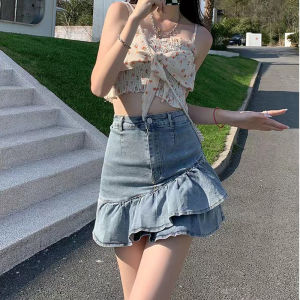 Rok Denim Gaya Korea Rok Fishtail Mengacak-acak Wanita Rok A-line Pinggang Tinggi