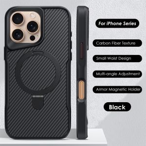 เคสโทรศัพท์ลายคาร์บอนไฟเบอร์แม่เหล็กพร้อมปุ่มโลหะ For iPhone 11 17 Pro Max 16 15 12 14 13 Pro Max 17 Air เคสแข็งป้องกันขาตั้งแหวนแม่เหล็กสำหรับชาร์จไร้สาย เคสไอโฟน11 15 plus 14plus 13pro max 16pro Magsafe Case