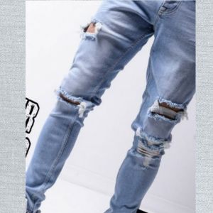Celana Panjang Jeans Bahan Denim Warna Biru Model Ripped