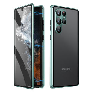 for Samsung Galaxy S25 S24 S23 Ultra S22 Plus Case 360 Degree Front and Back Clear Tempered Glass Full Body Protection Adsorption Metal Bumper Frame Flip Cover Phone Casing