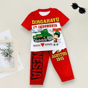 Setelan Merah Putih Motif Anak Dan Mobil Tenk Bahan Katun Ready Usia Anak 3 Bulan-10 Tahun