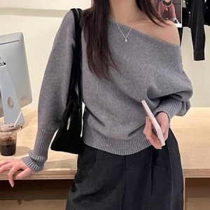 Slant Shoulder Knitted Top Womens New Style Knitted Sweater Loose And Lazy Korean Off Shoulder 2905