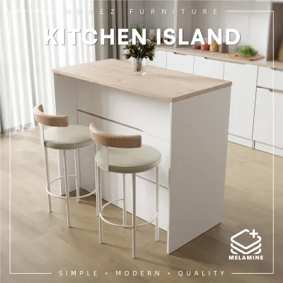 (FREE Shipping) KitchenZ 4FT Sinowa Series Full Melamine 2 Door 3 Drawer Kitchen Island Bar Table 120x60cm Top / Kitchen Storage - HMZ-KIS-M9889-LH+WT