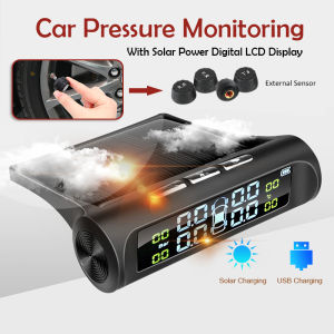 USB Solar TPMS Car Tire Pressure Alarm Monitoring System 4 External Sensors Real-Time Solar Power Car Tire Temperature Warning Solar Power Digital LCD Display Auto Tire Pressure Monitor TPMS Sensors