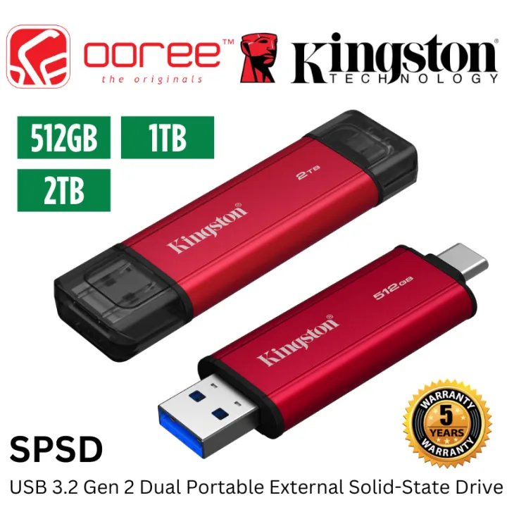 KINGSTON USB 3.2 GEN 2 DUAL PORTABLE SOLID-STATE DRIVE SPSD WITH USB TYPE-A & TYPE-C CONNECTORS AND DURABLE METAL CASING - 512GB / 1TB / 2TB