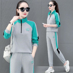 guibai Womens embroidered stand-collar sweatshirt sports suit loose color matching casual two-piece set
