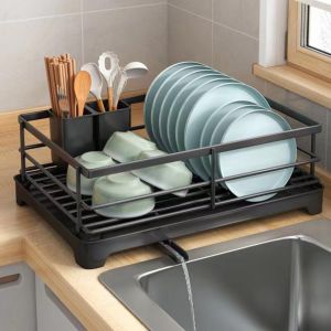 MKEB MALL Carbon Steel Kitchen Storage Rack Drainer Tray Ventilation Dish Drying Rack Chopstick Cage Stable Plates Organizer with Drainboard Countertop