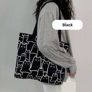 Cute Cat Kitten Canvas Tote Shoulder Bag Huge Capacity With Zipper Inner Pocket Double Strap Beg Women Fashion