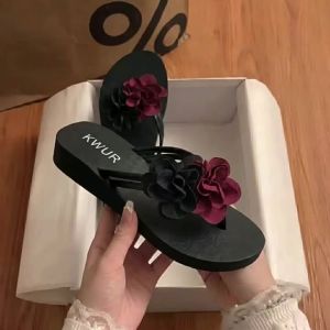 [Free Shipping] Wedge Heel Outdoor Non-Slip 2026 Beach Shoes Flip-Flops Casual Sandals Womens Floral Thick-Soled Height-Increasing Sweet Style