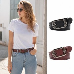 XIJIBAN Antique Metal Buckle Embossed PU Leather Belt Adjustable Alloy Pin Buckle Decorative Waist Strap Retro Faux Leather Carved Buckle Waist Belt For Men Women