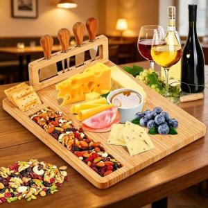 Organic Bamboo Cheese Cutting Board & Knife Gift Set - Wooden Serving Tray for Charcuterie Meat Platter Fruit & Crackers - Slide Out Drawer with 4 Stainless Steel Knives