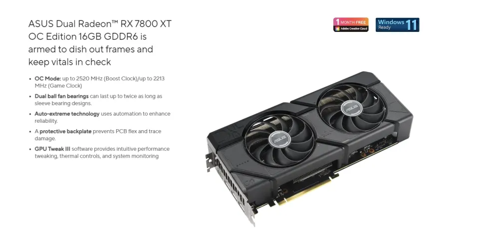 ASUS Dual Radeon RX 7800 XT / 7800XT OC Edition 16GB GDDR6 (DUAL