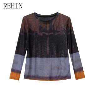 REHIN European Style Graphic Tie-Dye Print Mesh Long-Sleeve T-shirt Slim Fit Fall/Winter Fashion Round Collar Elegant S-4XL Womens Top