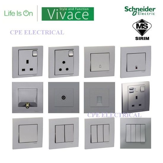 Schneider Vivace Switches & Socket Aluminium Silver Sirim Approved 