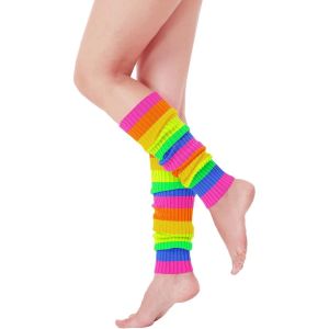 Girl Juniors Neon Ribbed Leg Warmers For 80s Party Retro Sports Yoga Multicolor Striped Foot Cover Sleeve Ballet Dance Socks