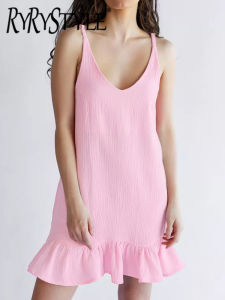 ชุดนอนผ้าฝ้ายสีทึบสำหรับผู้หญิงชุดเดรสคอวีแต่งระบายลำลองสีชมพูสำหรับชุดมินิเดรสชุดนอนเซ็กซี่สีน้ำเงินหรูหราสำหรับฤดูร้อน