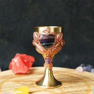 FFBH Natural Crystals Inlaid Brass Wine Goblet Vintage Luxury Crystal Shot Creative Light Luxury Metal Wine Cups for Home Decor & Bar 9Q4T2